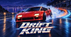 赤いスポーツカーが夜の海岸道路をドリフトする、Drift Kingのレトロゲームパッケージ風イラスト