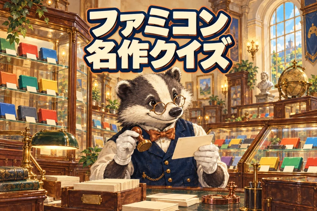 展示館で資料カードと判子を持つアナグマの学芸員と、ファミコン名作クイズの題名を描いた専用イラスト