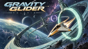 宇宙の巨大リングを飛び抜ける白と金の機体を描いた、Gravity Glider: POLARISのゲームパッケージ風イラスト