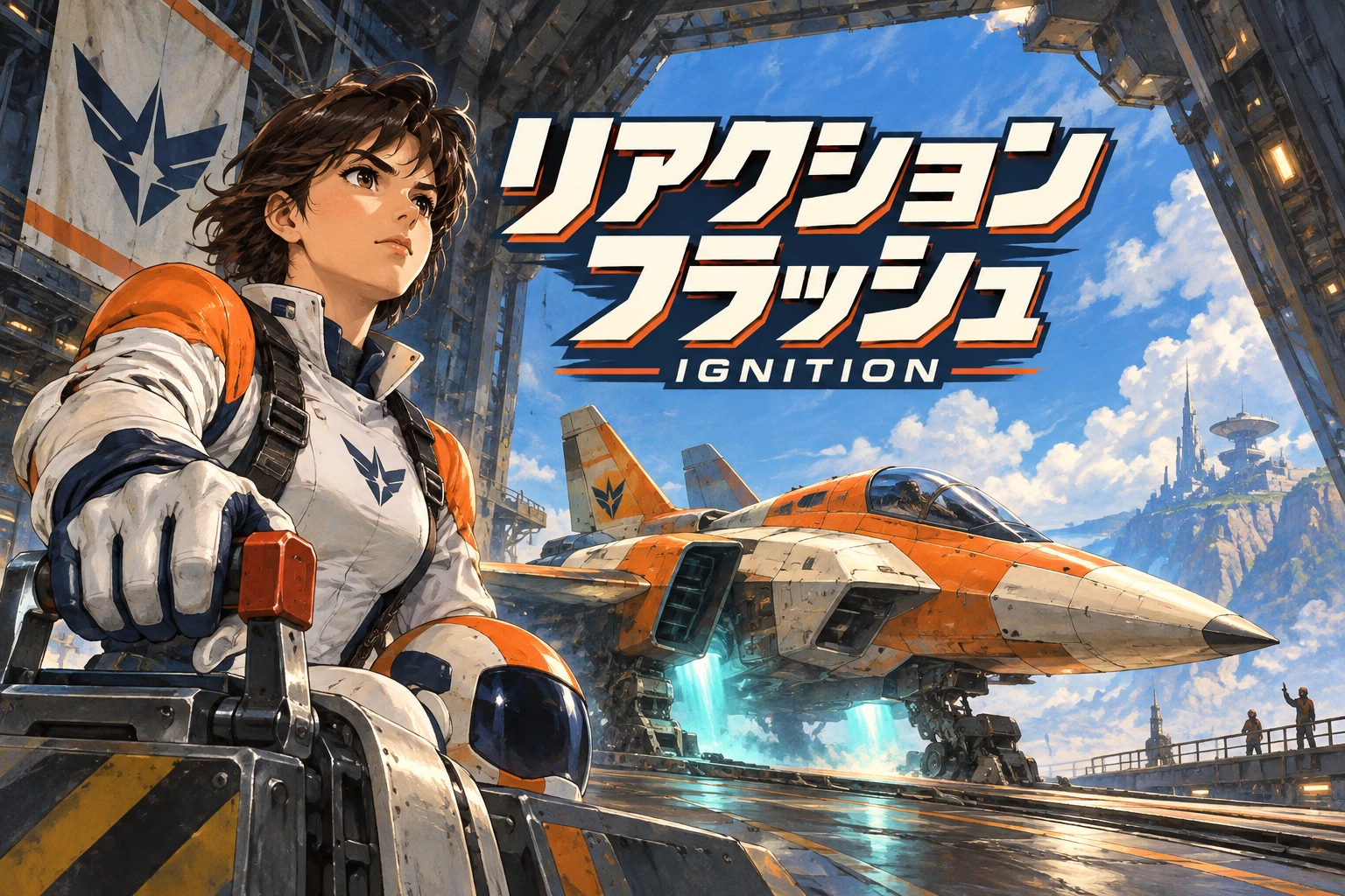 白とオレンジの飛行服のパイロットが発進レバーを構え、格納庫から戦闘機が飛び立つリアクションフラッシュ IGNITIONの専用イラスト