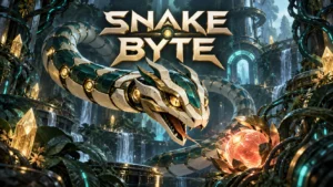 緑と金のメカスネークが光るフルーツを狙う、スネークバイトのレトロゲームパッケージ風イラスト